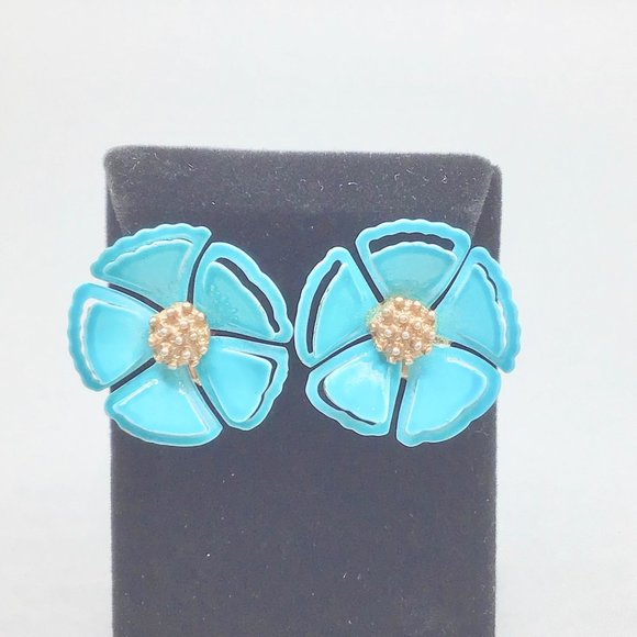 Teal Blue Enamel Flowers Earrings Clip On Flower Power 70s Fun Colorful Jewelry - Picture 3 of 9